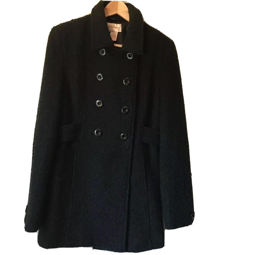 Xhilaration Womens Black Wool Blend Boucle Double Breasted Pea Coat Jacket Small